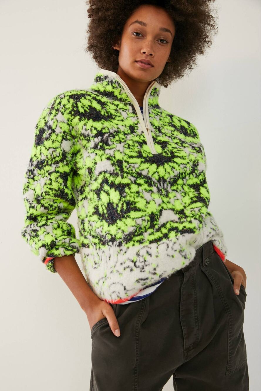 Anthropologie Cristina Fuzzy Neon Fleece 1/4 Zip Pullover, Size M